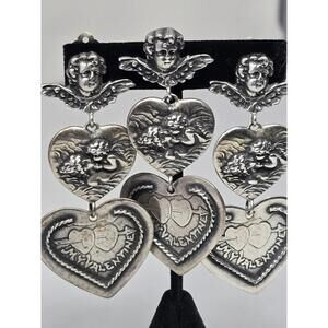 T Foree Sterling Valentine Cupid Heart Earrings & Pin Set